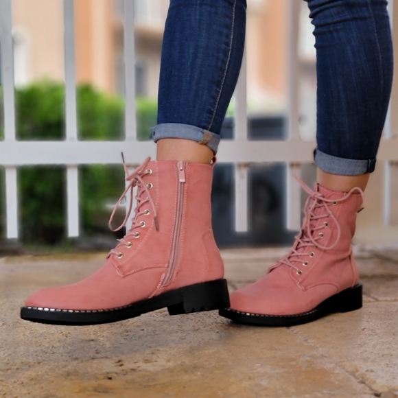 Women's Mauve Lace Up Ankle Mid-Calf Combat Boots - Picture 5 of 6